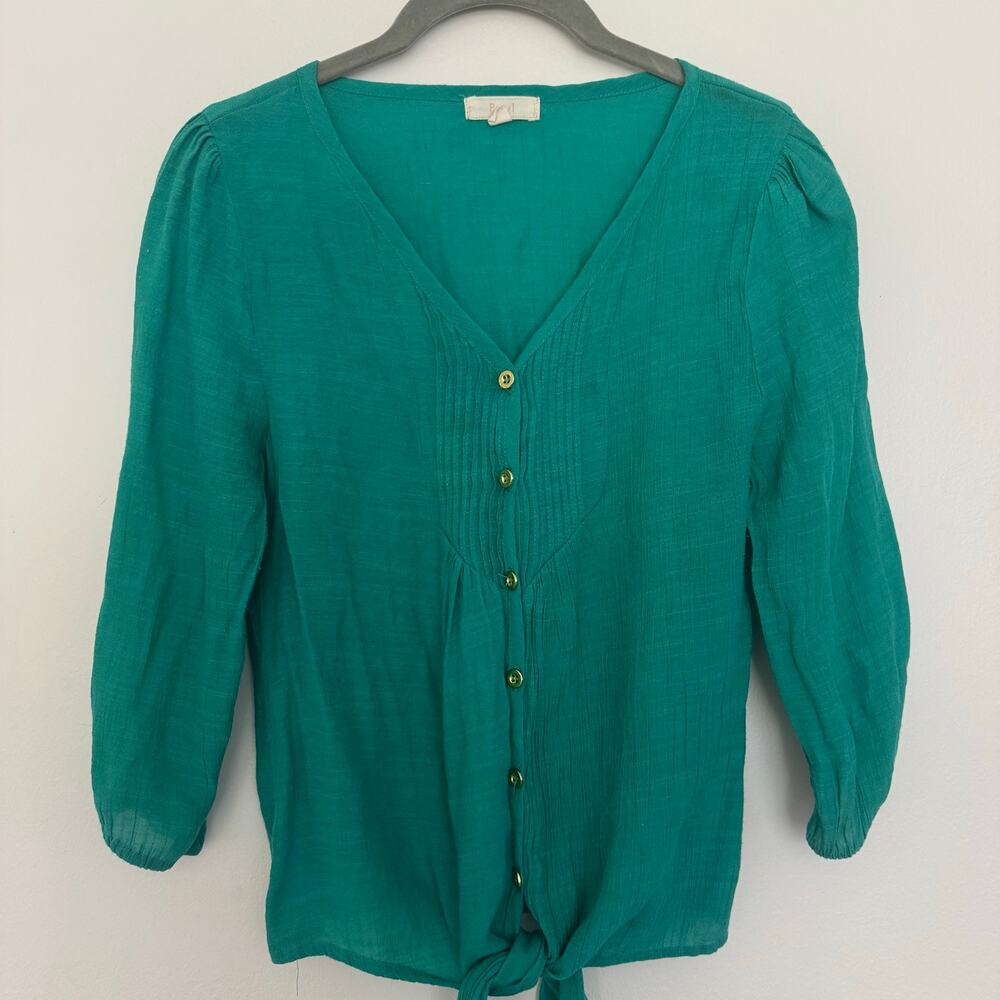 Pearl V-neck Button-down Blouse in Vibrant Teal